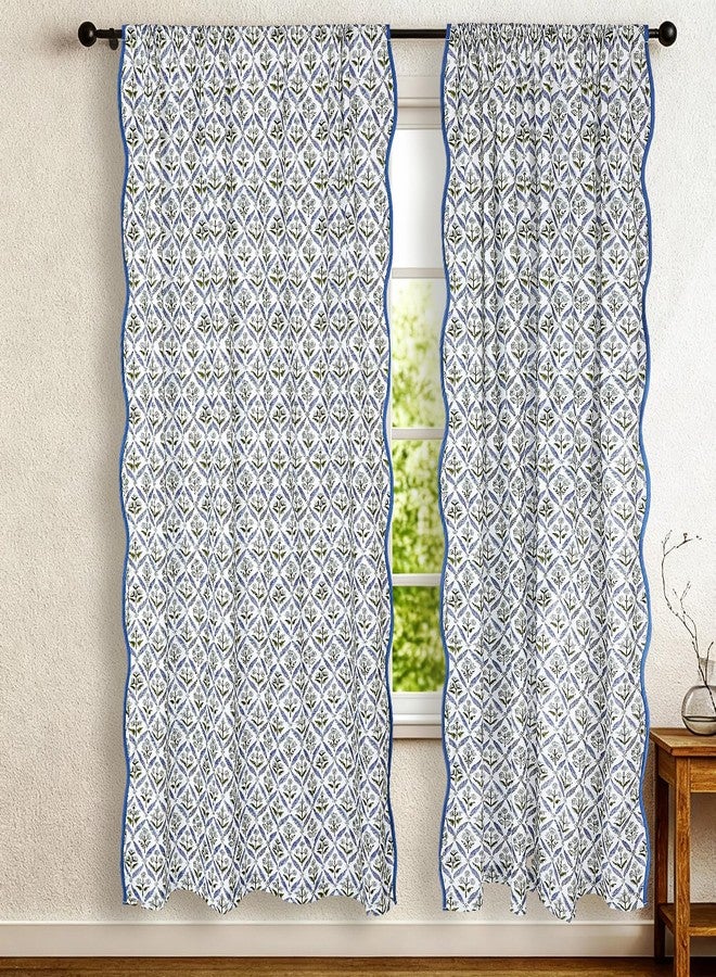 Hahafelt 52 x 84 Inches Scalloped Block Print Curtain Floral Cotton Curtains Blue and Green Semi-sheer Farmhouse Boho Window Drapes for Bedroom Living Room Floral Patterned Country Window Panel, 1 Pcs - Image 1